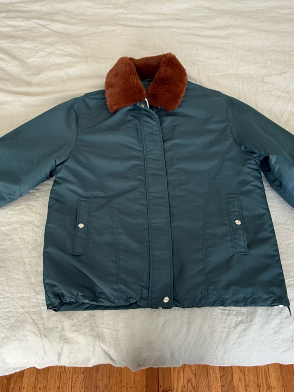Blank NYC Teal Bomber Jacket with Brown Faux Fur Collar